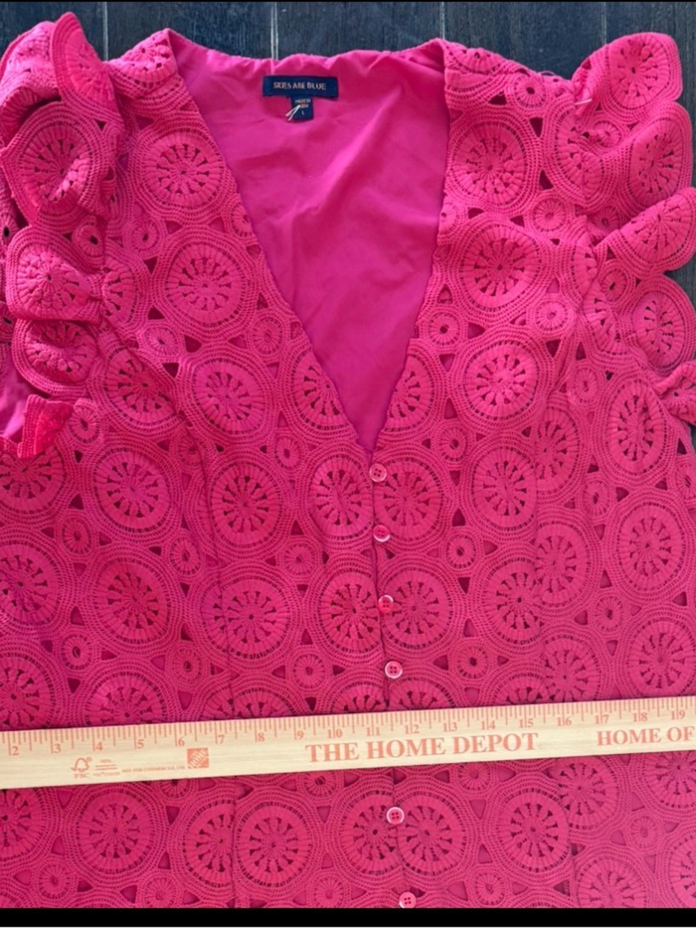 Skies Are Blue L Pink Crochet Lace Midi Dress Ruffle Sleeve V Neck Lined A-Line - Picture 3 of 9